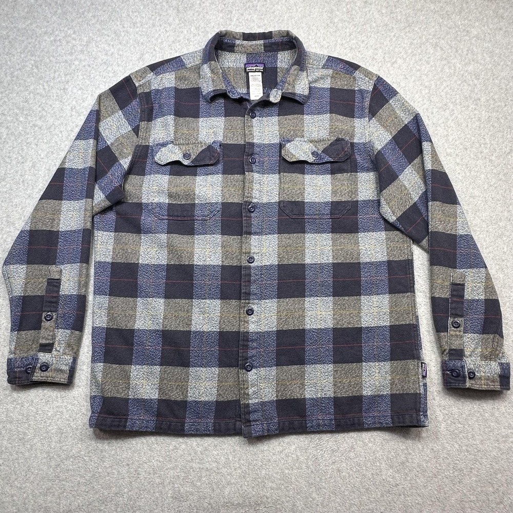 Patagonia Fjord Flannel Shirt Mens Large Blue Plaid Long Sleeve Organic Cotton